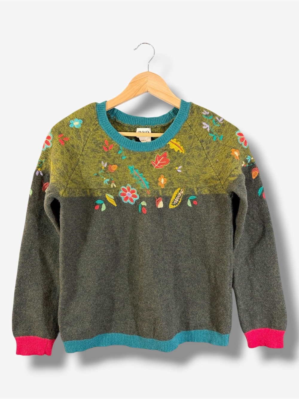 IVKO Merino Wool Sweater Size 38 Green Fall Autumn Embroidered Colorblock